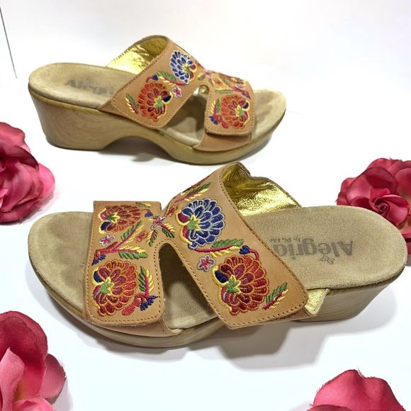 Alegria Leather Floral Embroidered Wedged Walking Comfort Sandals Size 38 EU - Picture 1 of 10
